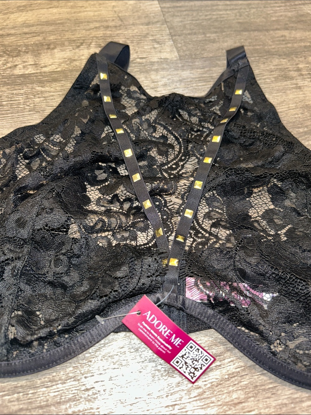 Adore Me Black Lace High Neck Bralette Bra NWT 44DDD Strappy Studded Detail